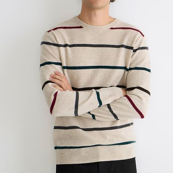 NEW J. Crew‎ men's Cashmere sweater in stripe, Hthr Birch Multi Stripe, XL - Picture 1 of 16